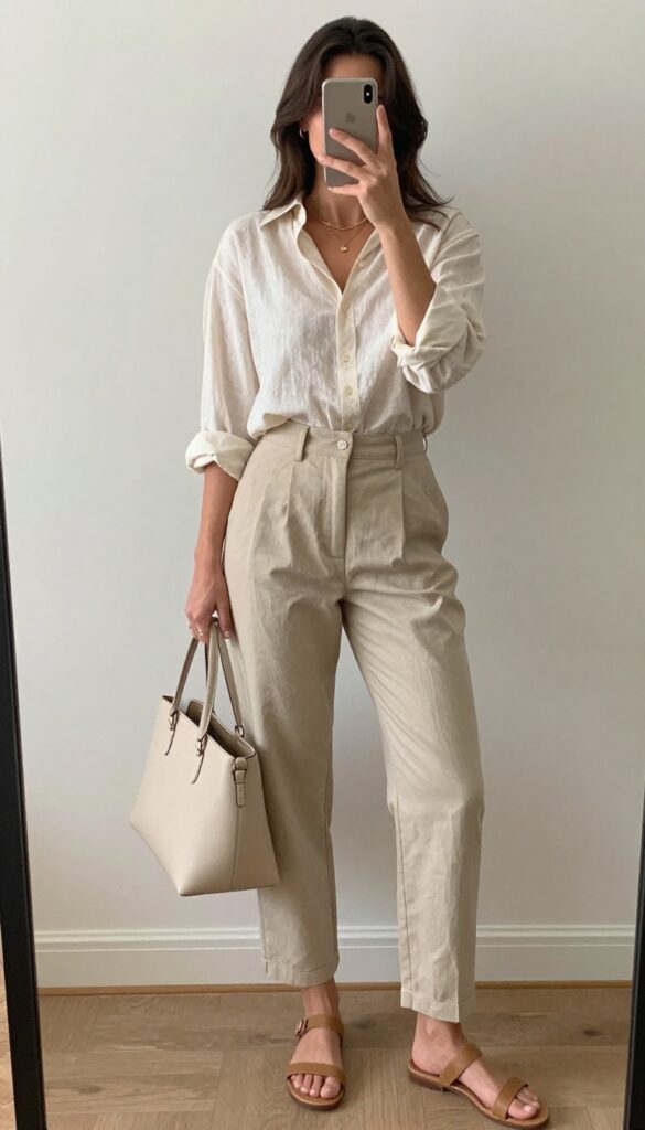 A woman in a cream blouse and beige trousers takes a mirror selfie, wearing tan sandals and gold jewelry, with a light beige handbag. The outfit is a neutral beige and cream matching set for a mom and son.