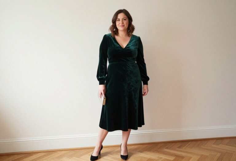 Woman in green velvet midi dress for black tie wedding guest outfit