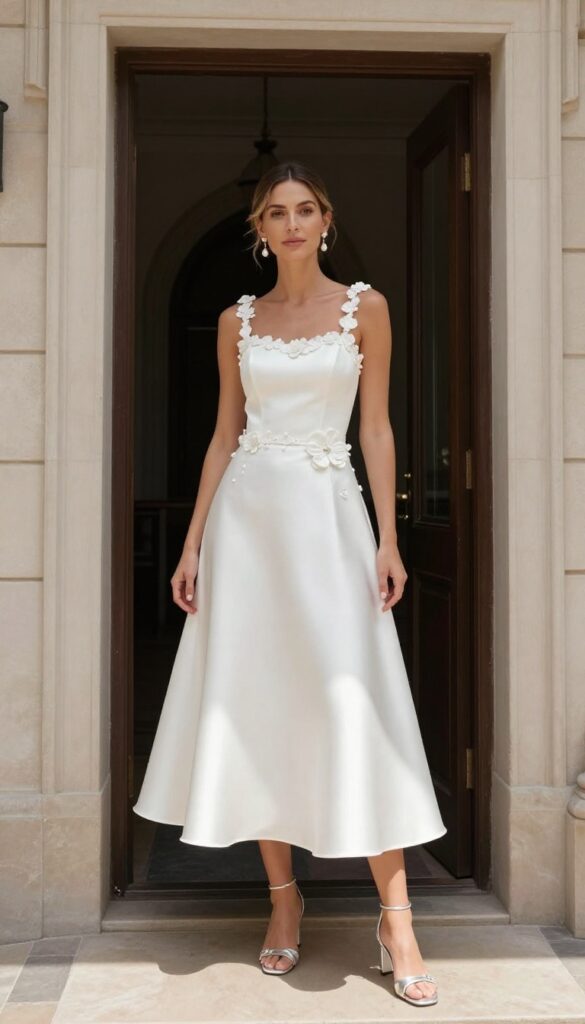 Woman in white satin A-line wedding dress with 3D floral appliqués, pearl earrings, silver heels, low updo, standing in sunlit church doorway.