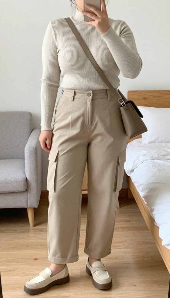 Woman in high-neck ribbed top tucked into cargo trousers, with chunky sneakers and crossbody bag, standing in a trendy restaurant setting.