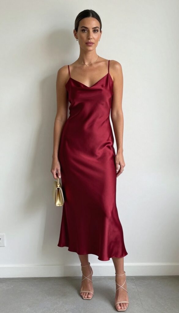 Woman in her late 20s wearing a cherry red satin midi slip dress at an evening garden wedding reception with string lights and greenery.