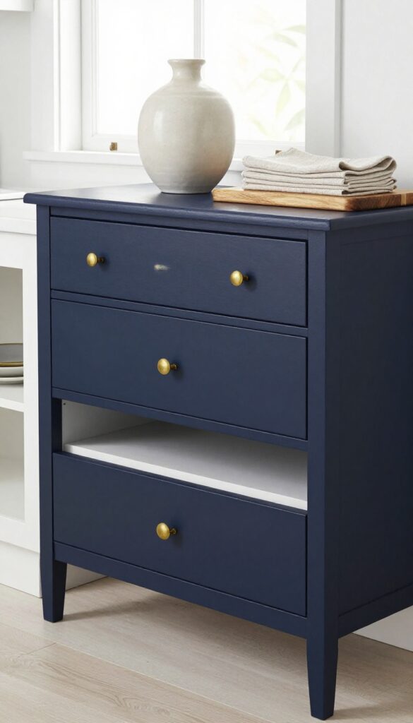 Navy blue sideboard with brass hardware in a neutral kitchen, styled with ceramic vase, wooden cutting board, and linen napkins