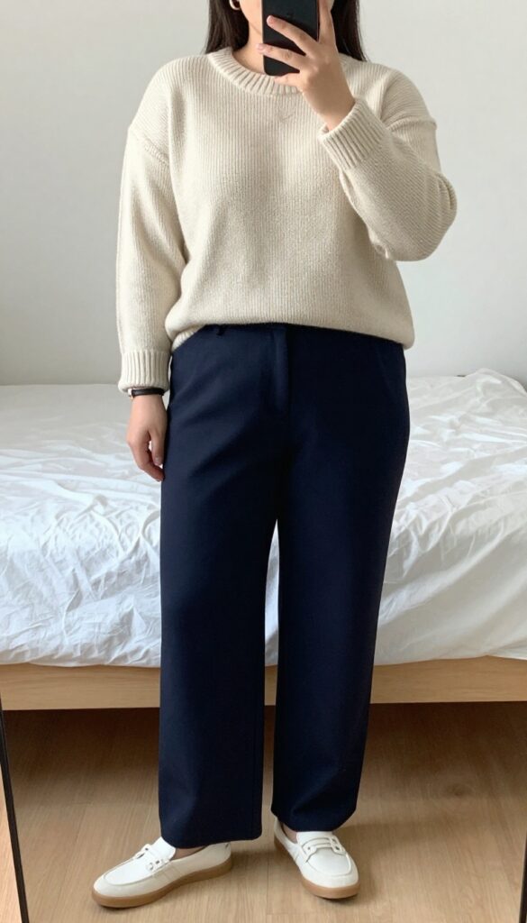 Model in cream chunky knit sweater and navy wide-leg trousers, white sneakers, taking a mirror selfie in a bedroom.