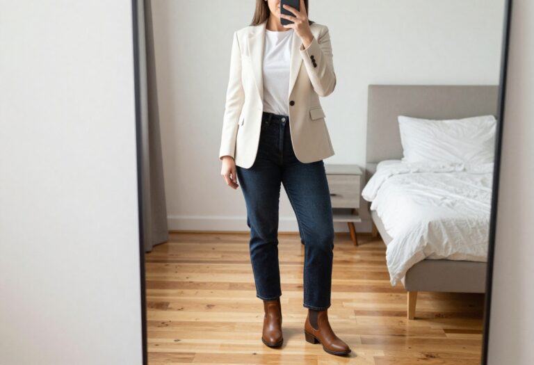 Woman taking mirror selfie in cream blazer, dark jeans, and brown ankle boots for Western business casual outfit.