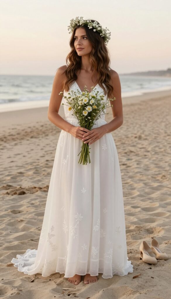 Flowing white chiffon wedding dress with floral embroidery, barefoot on beach at sunset, flower crown, bouquet of wildflowers.