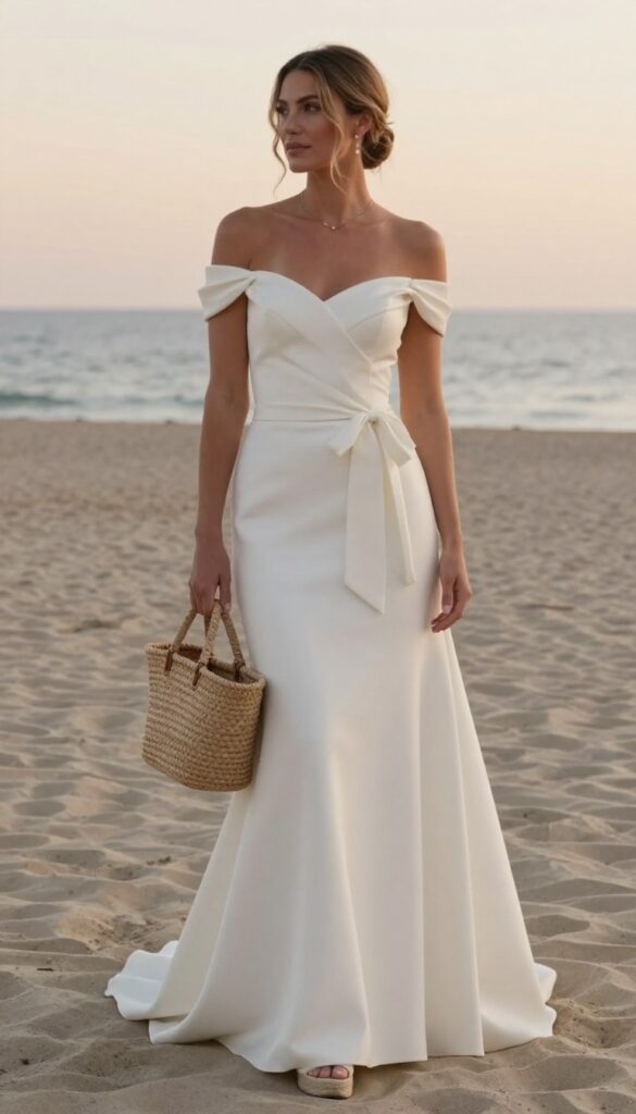 Young woman in off-shoulder fit-and-flare wedding dress with bow detail, standing on sandy beach at sunset, wearing espadrille wedges and carrying woven basket bag.