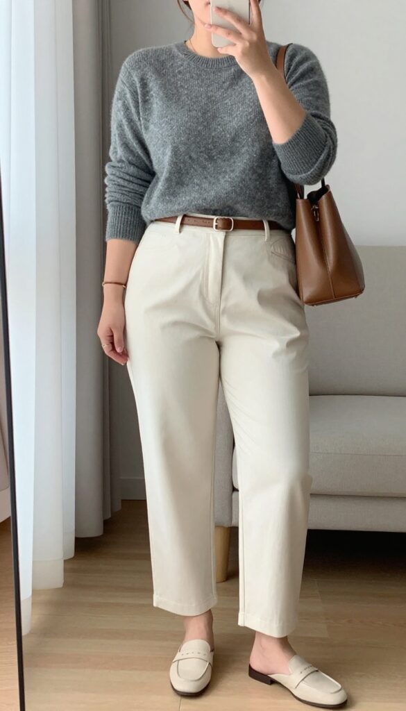 A woman in a gray cashmere sweater and cream trousers, posing in a mirror selfie, with a relaxed tuck and leather belt.