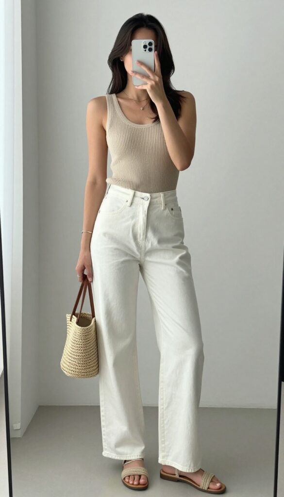 Woman taking a mirror selfie wearing a ribbed knit tank and wide leg jeans, with sandals and a straw bag, in a bright room.