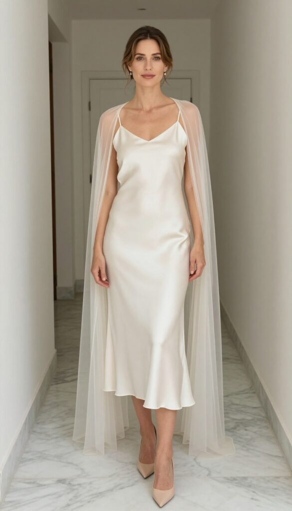 Woman in ivory silk slip dress with sheer tulle cape, nude heels, and drop earrings in courthouse hallway