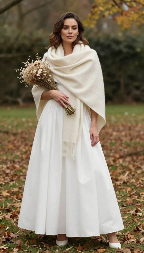 Woman in white puffy wedding dress with oversized cream scarf in autumn garden