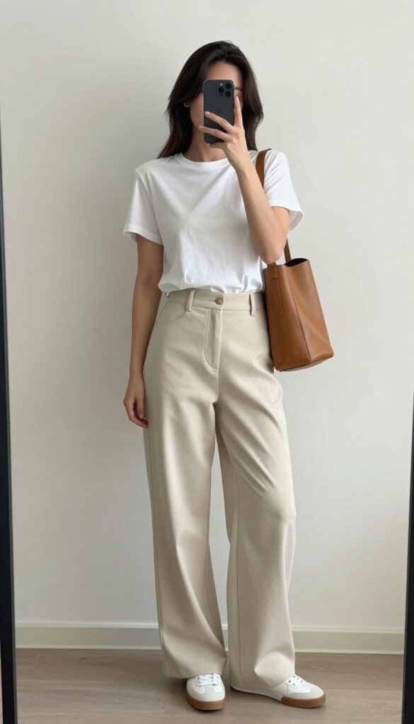 Woman in cropped white t-shirt and high-waisted wide-leg beige pants, taking a mirror selfie in a bright room, showcasing a casual yet balanced two-piece outfit.