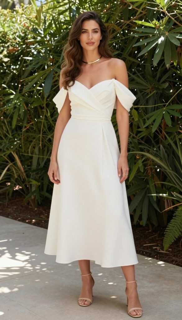 Young woman in off-shoulder white wedding dress with gold choker necklace, standing in sunlit garden.