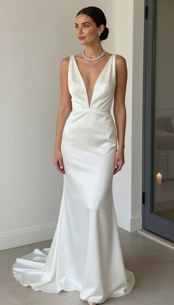 Bride in white satin low-back wedding dress with crystal back necklace, standing in candlelit ballroom, looking over shoulder.