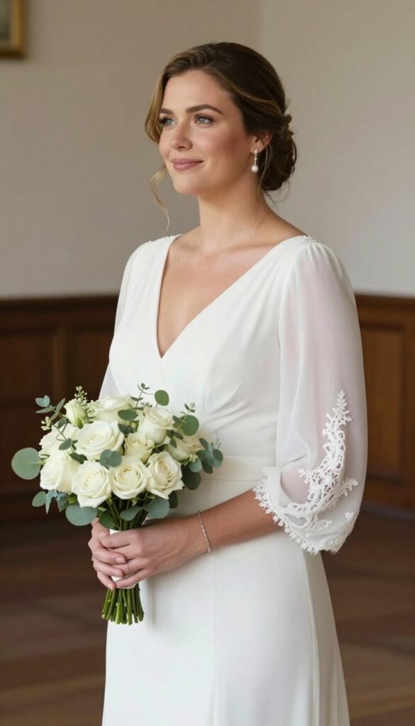 Plus-size bride in white chiffon wedding dress with bishop sleeves and deep V-neckline, holding bouquet in softly lit church