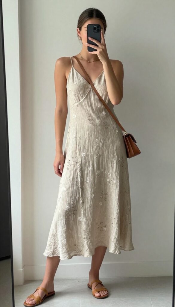 Woman in flowy midi dress and flat sandals taking a mirror selfie, showcasing a casual summer dinner outfit.