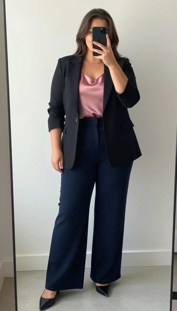 Woman in power blazer, silk camisole, and wide-leg trousers, standing in a city office setting.