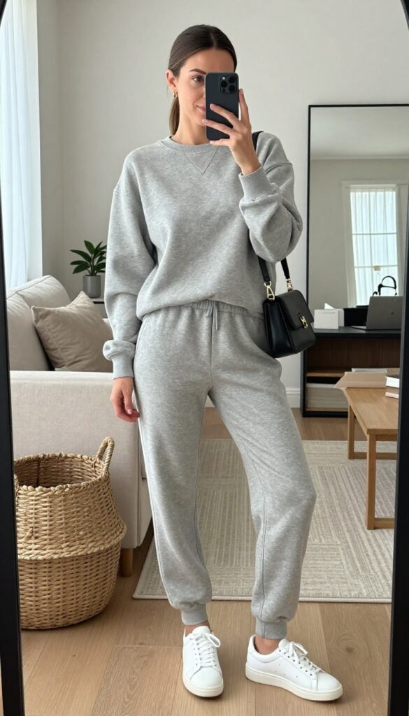 Woman in a grey matching lounge set taking a mirror selfie, wearing white sneakers and a crossbody bag, in a bright living room.