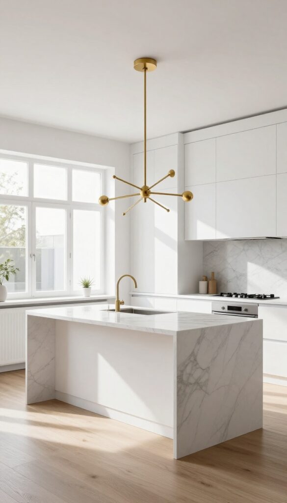 Modern kitchen island with open-frame brass chandelier casting shadows on marble countertop