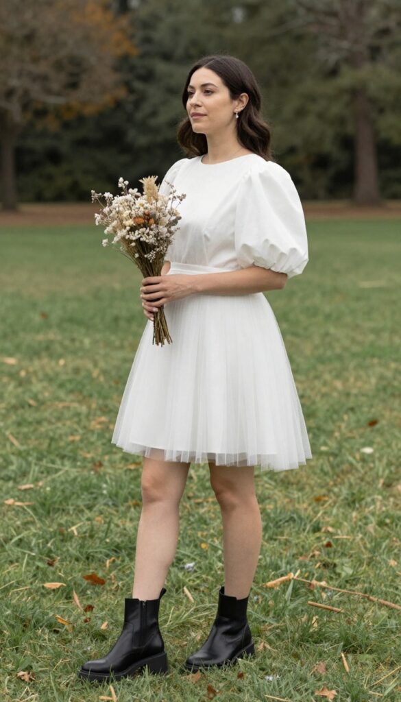Woman in white puffy wedding dress with short puff sleeves and tulle skirt, wearing black chunky ankle boots, holding dried flower bouquet, standing on grass at fall wedding, candid natural light.