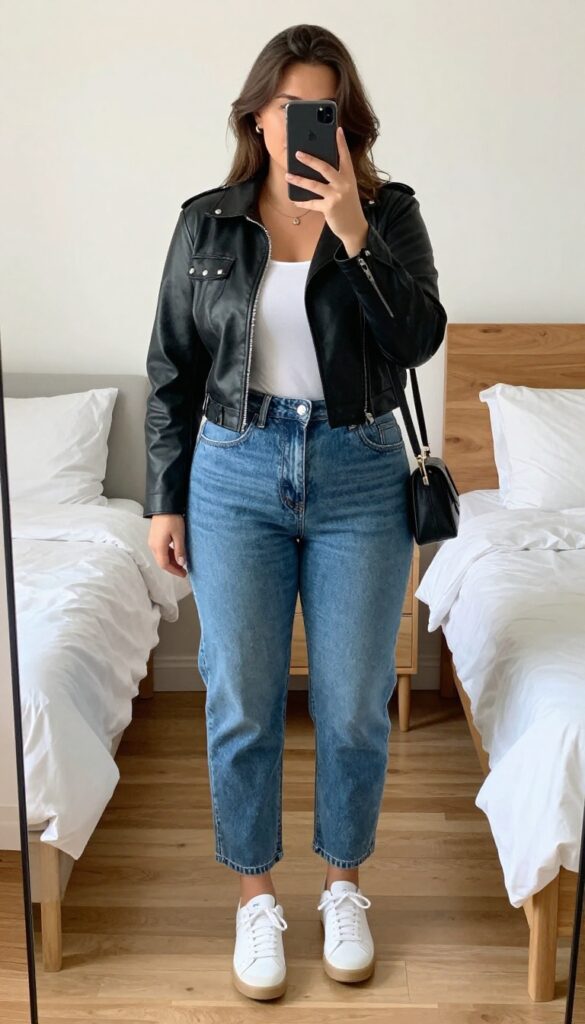 Woman in denim jumpsuit, leather jacket, and sneakers taking a mirror selfie in bedroom, phone partially covering face.