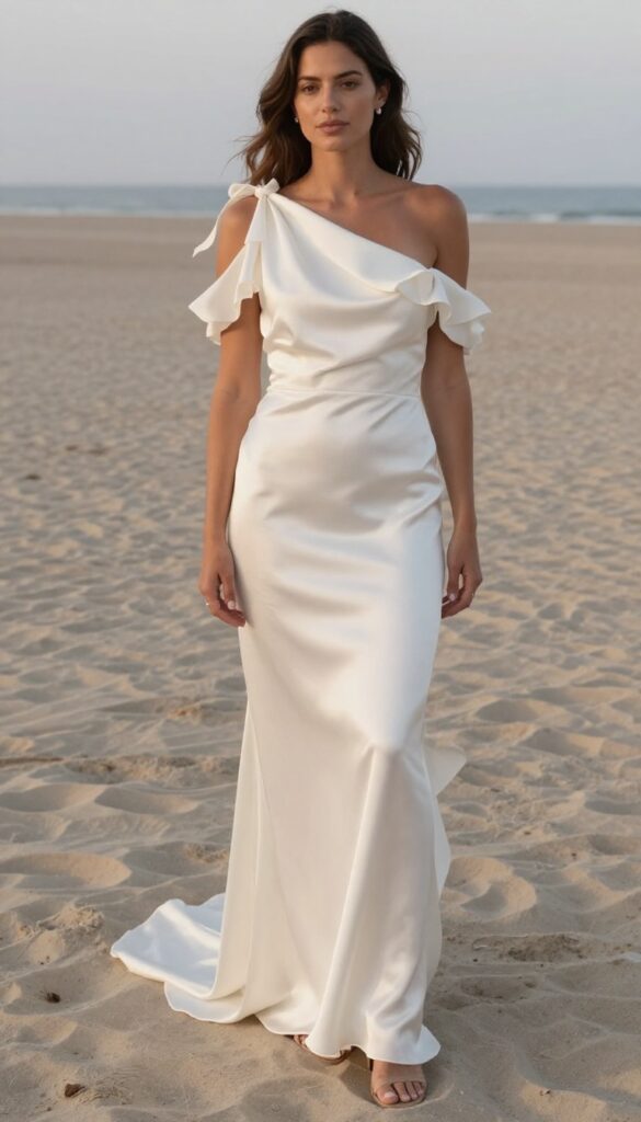 Woman in off-the-shoulder silk wedding dress with cascading ruffles on beach at sunset