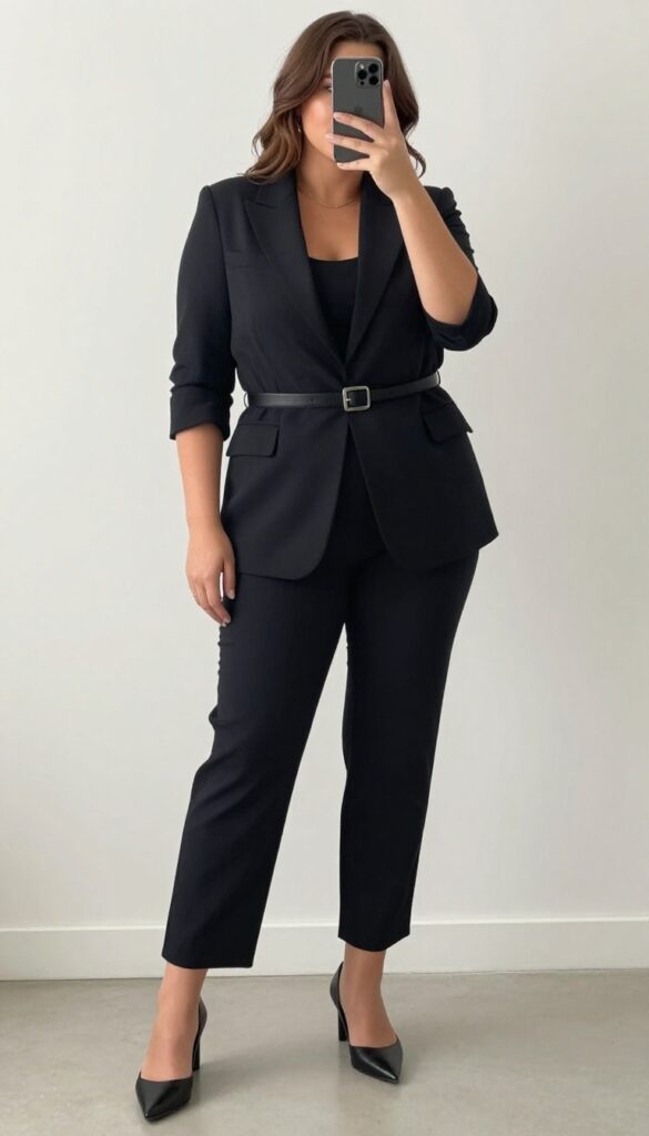 A woman in a tailored jumpsuit with a belt and blazer, posing confidently in a city office setting.