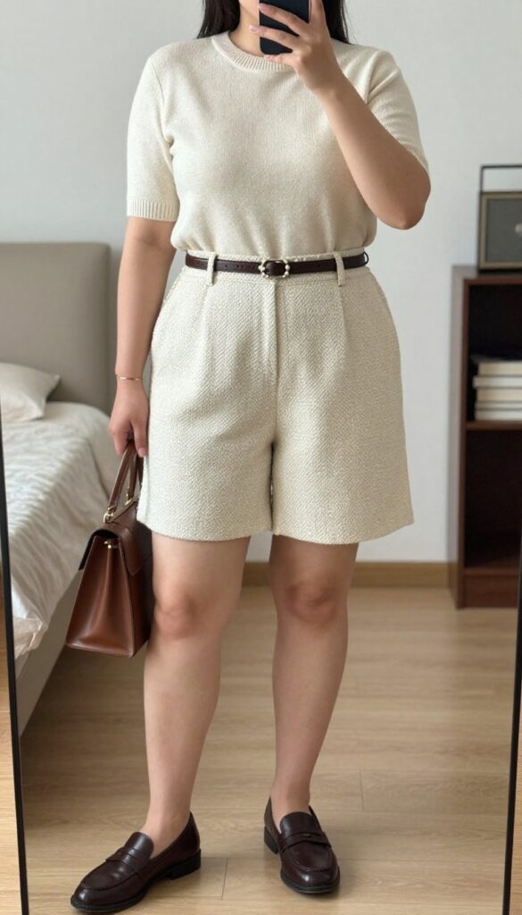 Woman in tweed shorts and cashmere crewneck with loafers and satchel, preppy business casual outfit for city uniform