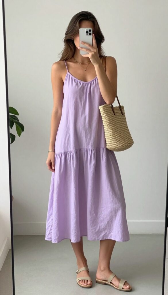 Woman in flowy sundress and flat sandals taking a mirror selfie, showcasing a summer brunch date outfit.