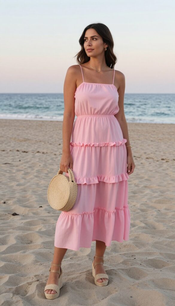 Woman in pastel pink tiered ruffle midi dress and espadrille wedges on beach at sunset