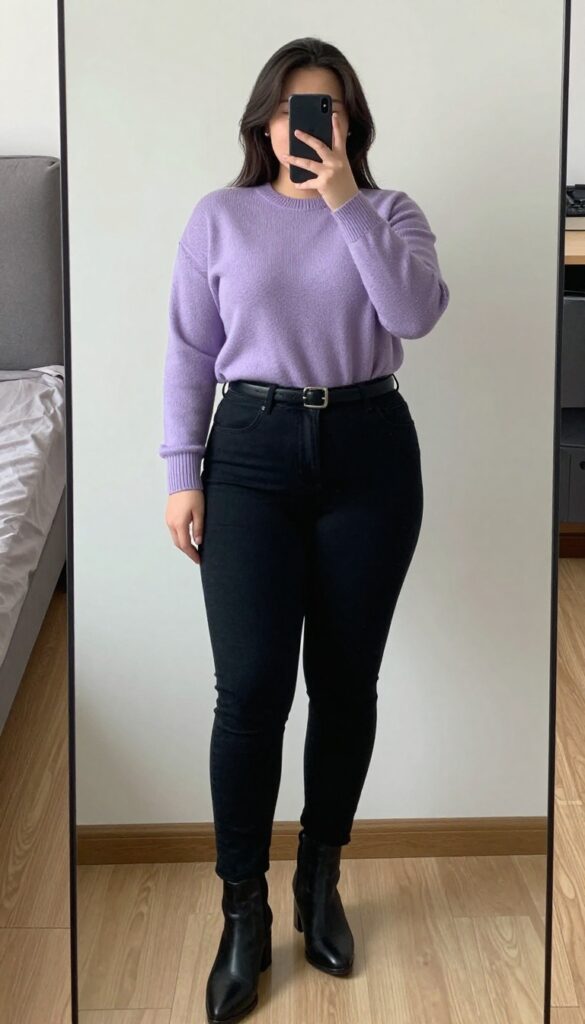 A woman wearing a charcoal blazer over a tucked lavender sweater, black skinny jeans, and black ankle boots, holding a structured tote.