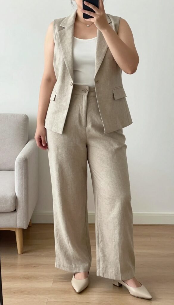 Curvy woman in blazer vest, silk shell, and high-waisted trousers for warm business casual outfit