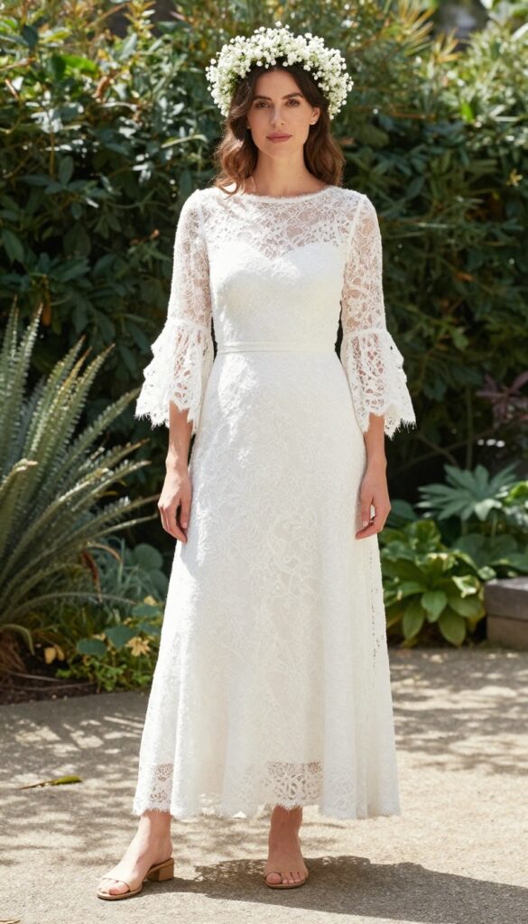 Bride in lace bell sleeve wedding dress with flower crown in garden