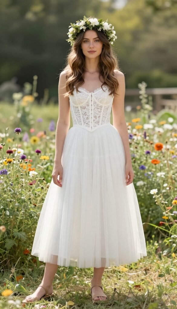 Bohemian lace corset wedding dress with flowing tulle skirt in garden