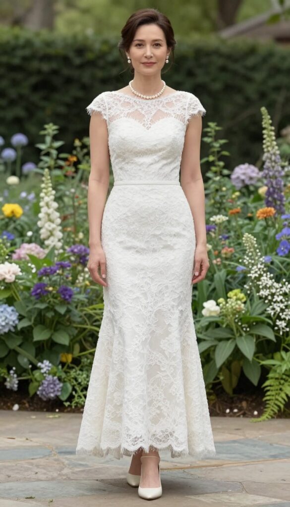 A young adult woman in a white lace A-line wedding dress with a single pearl strand and pearl studs, soft updo, standing in a lush garden with blooming flowers, wearing low block heels, full-body shot.