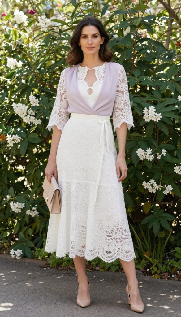 Woman in white lace midi dress with lavender wrap, nude heels, beige clutch, standing in garden