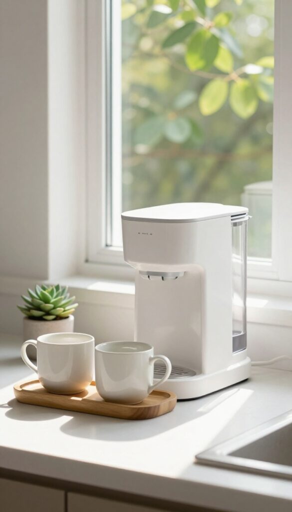 Window sill coffee station with coffee maker and mugs in natural light