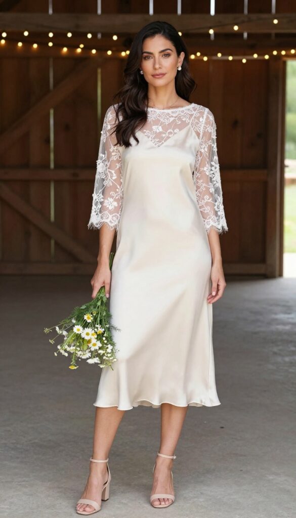 Woman in cream satin slip dress with floral lace sleeves, pearl earrings, nude block heels, holding wildflowers in rustic barn