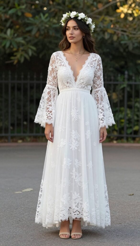 Boho wedding dress with lace overlay, bell sleeves, and flower crown in garden
