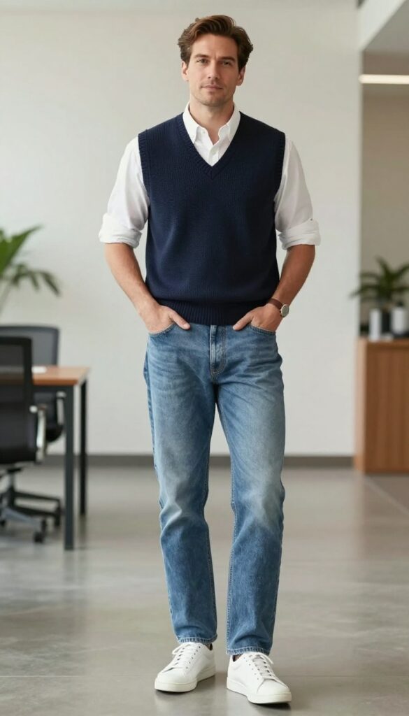 Man in navy sweater vest, white oxford shirt, light wash jeans, and white sneakers in office lobby.