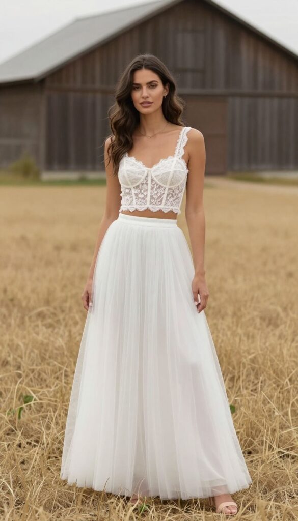 Woman in white two-piece tulle wedding outfit with corset top and full skirt in rustic barn setting