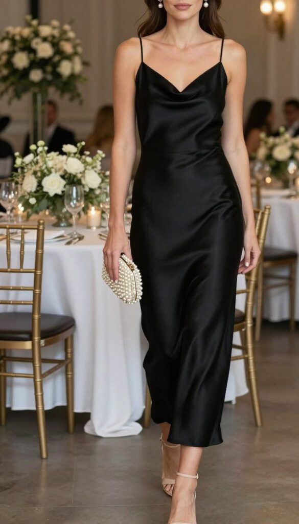 Woman in black satin slip dress with pearl accessories and nude heels at wedding reception