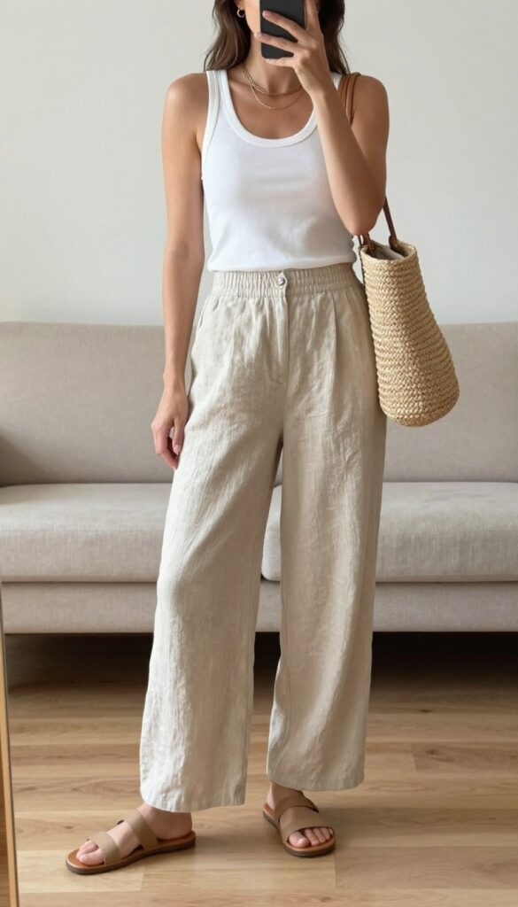 A woman in beige wide-leg linen pants and a white tank top takes a mirror selfie in a bright, airy living room, wearing tan slide sandals and carrying a woven tote bag.