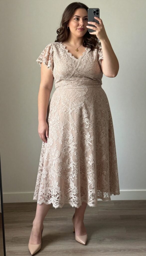 Plus-size woman with warm skin tones wearing taupe lace empire waist dress with flutter sleeves, standing in sunlit garden, nude block heels, gold pendant necklace, soft waves.