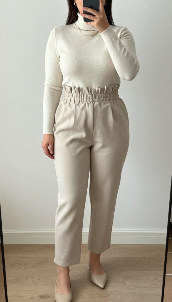 Plus-size woman in cream turtleneck and paperbag waist pants with mules and satchel, looking polished.