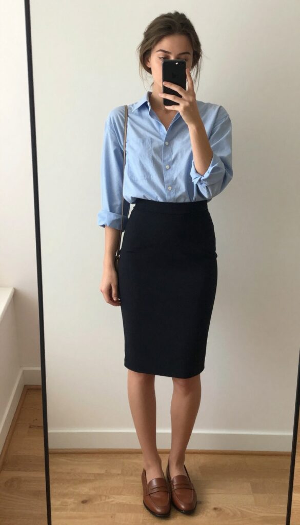 Woman in oversized blue button-up shirt and black pencil skirt, half-tucked with rolled sleeves, brown loafers, taking a mirror selfie.
