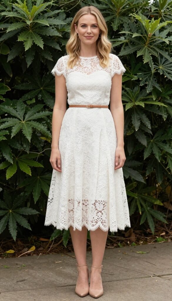 Boho wedding dress outfit: midi white lace overlay dress with tan belt, nude block heels, gold hoop earrings, in a garden with soft sunlight.