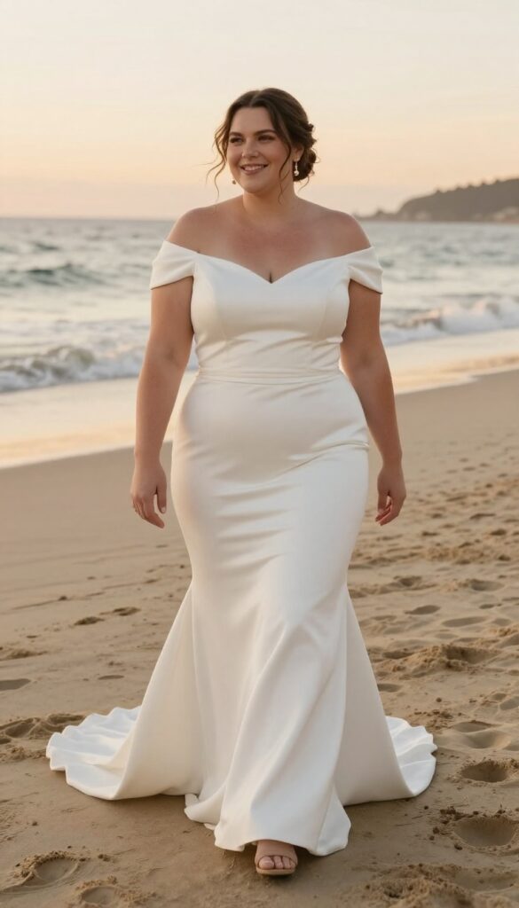 Plus-size woman in white cold-shoulder mermaid wedding dress with sleeves, gold earrings, nude heels, on beach at sunset.