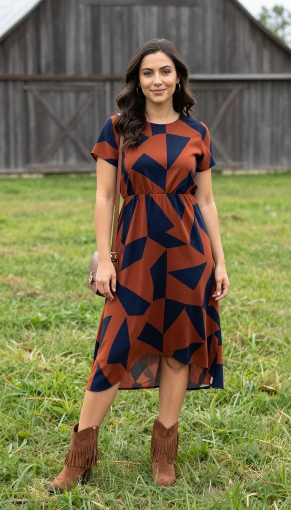 Woman in high-low hem geometric print dress with fringe boots at barn wedding