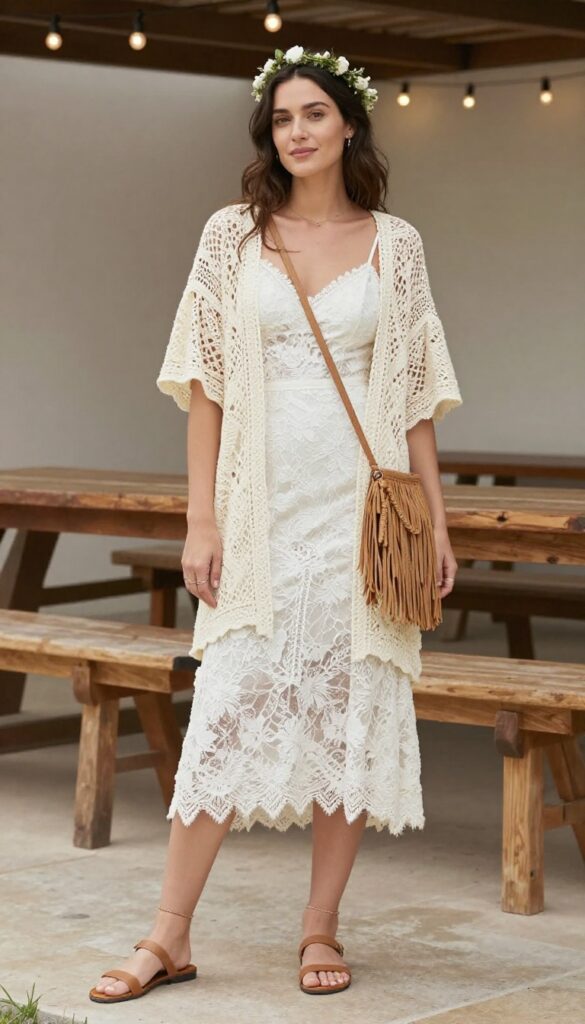 Woman in white lace wedding dress with thin straps, cream crochet kimono, tan fringe crossbody bag, and flower crown at rustic outdoor wedding venue.