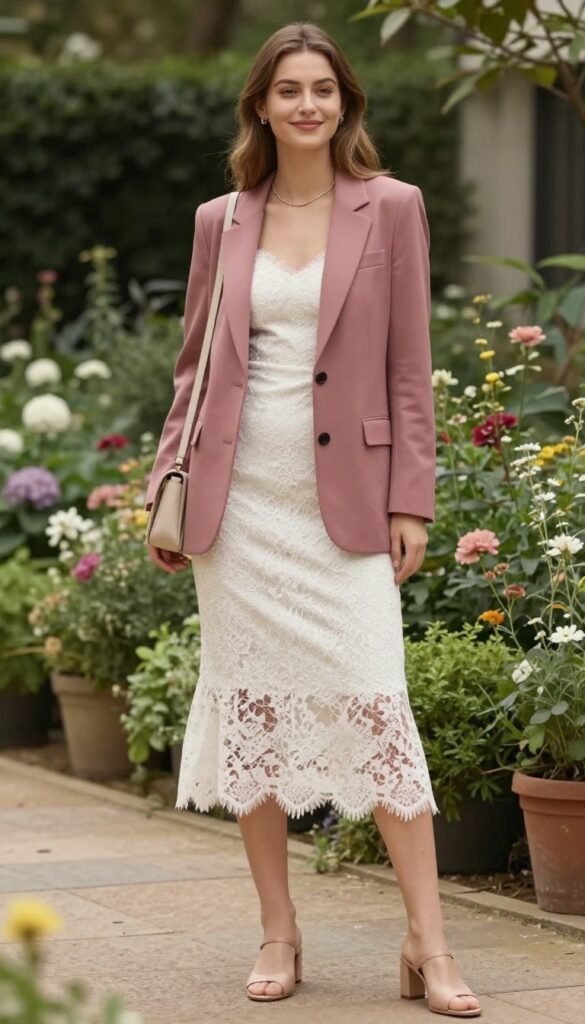 Woman in white lace bodycon dress with dusty rose blazer and nude mules in garden